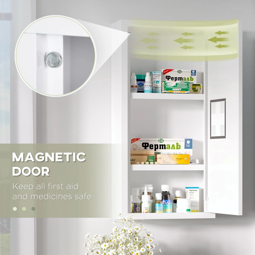kleankin Dulap Medicamente cu 3 Rafturi și Ușă Magnetică, cu un strat rezistent la apă și rugină 30x12x60 cm, Alb | Aosom Romania