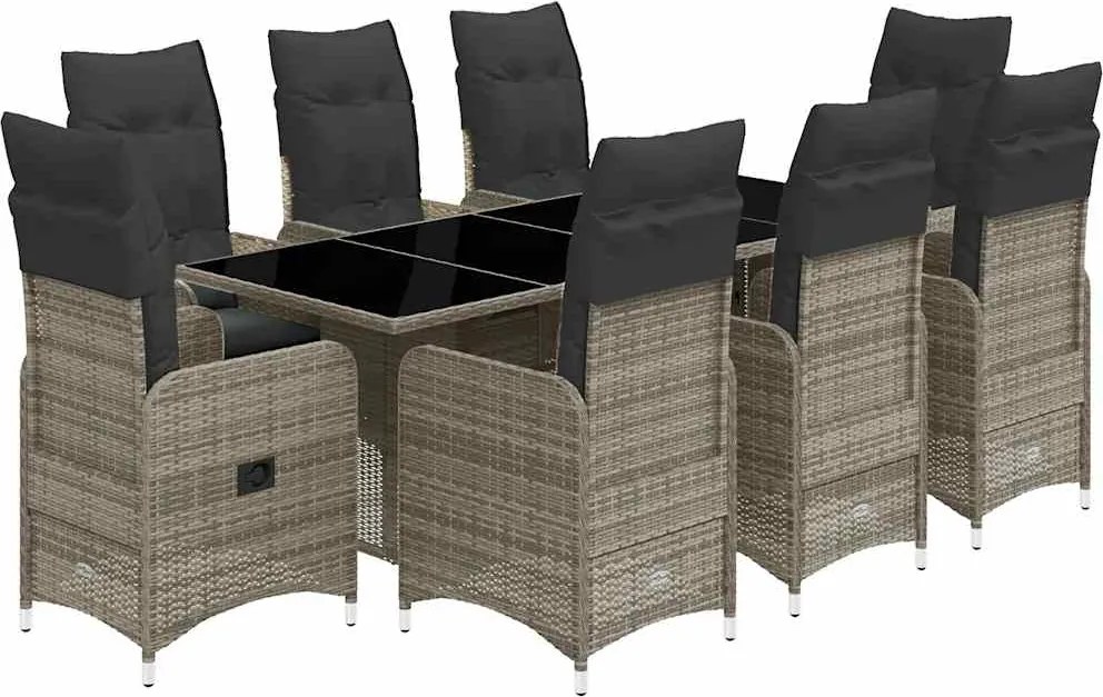 vidaXL Set bistro de grădină cu perne, 9 piese, gri, poliratan