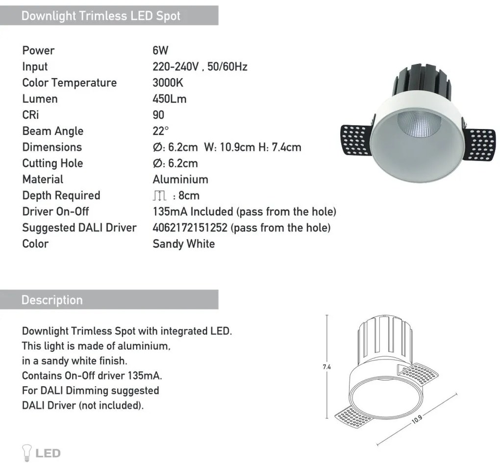 Spot LED incastrabil Trimless alb 6W 3000K