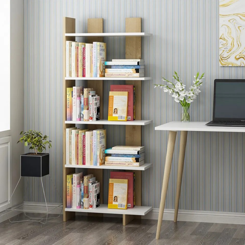 Biblioteca Living Elas, Alb / Stejar