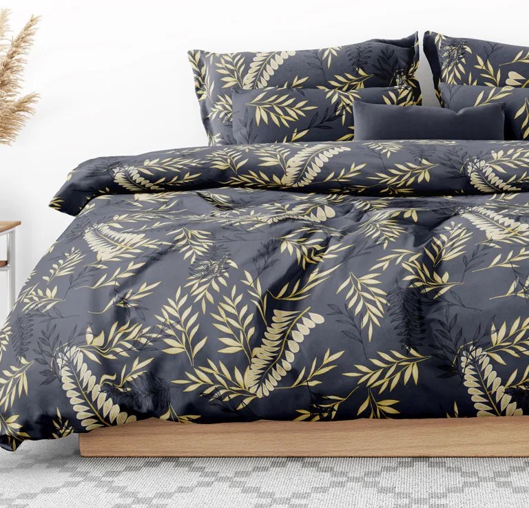 Goldea lenjerie de pat de lux din bumbac satinat - model 1059 - frunze aurii și negre pe gri antracit 140 x 200 și 70 x 90 cm