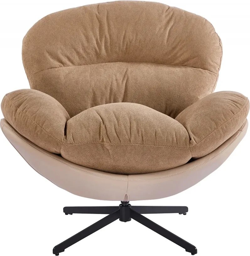 Fotoliu Lounge Rotativ 360° cu Pernă Extra Confort, Tapiterie Linen + PU, Bază Metalică Neagră, Design Modern, Maro