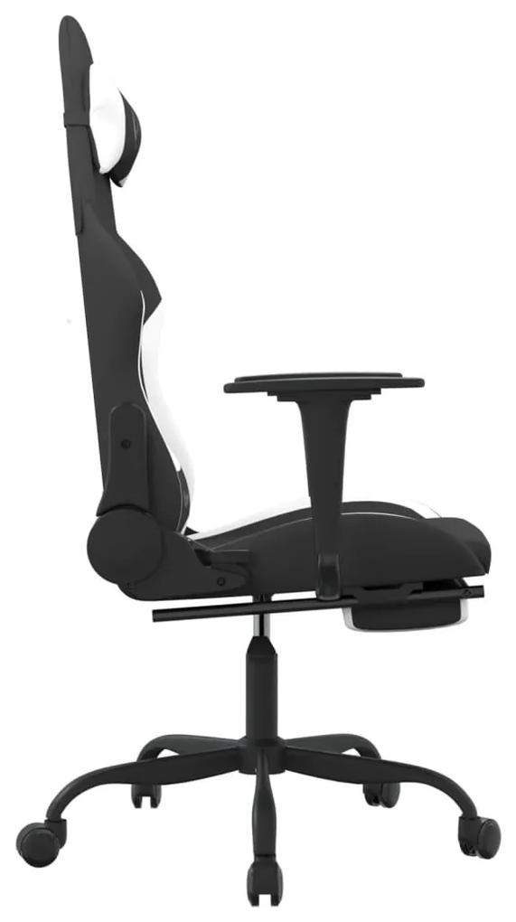 Scaun de gaming cu suport picioare, negru si alb, textil 1, Alb si negru, Cu suport de picioare