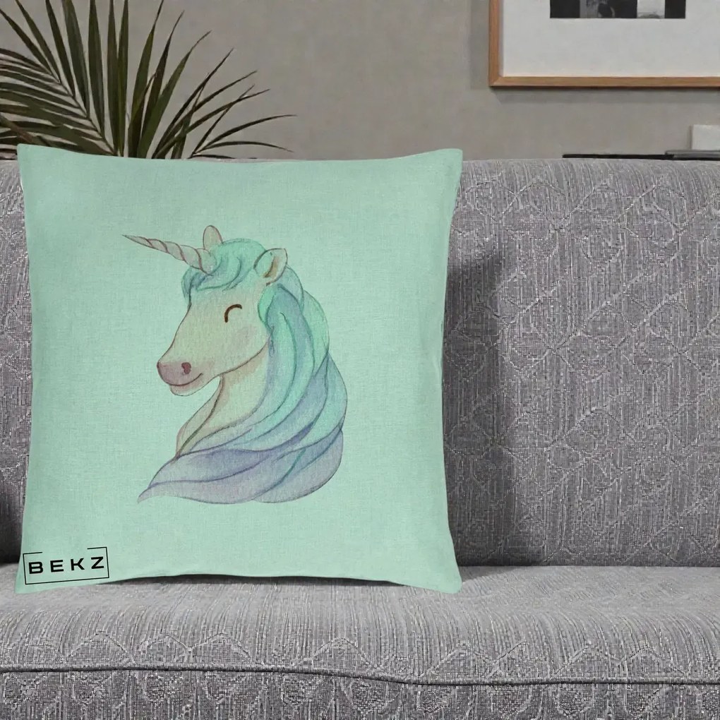 Perna Decorativa Unicorn Acuarela Pastel, 40x40 cm, Verde Menta, Husa Detasabila, Perna Inclusa, BEKZ®