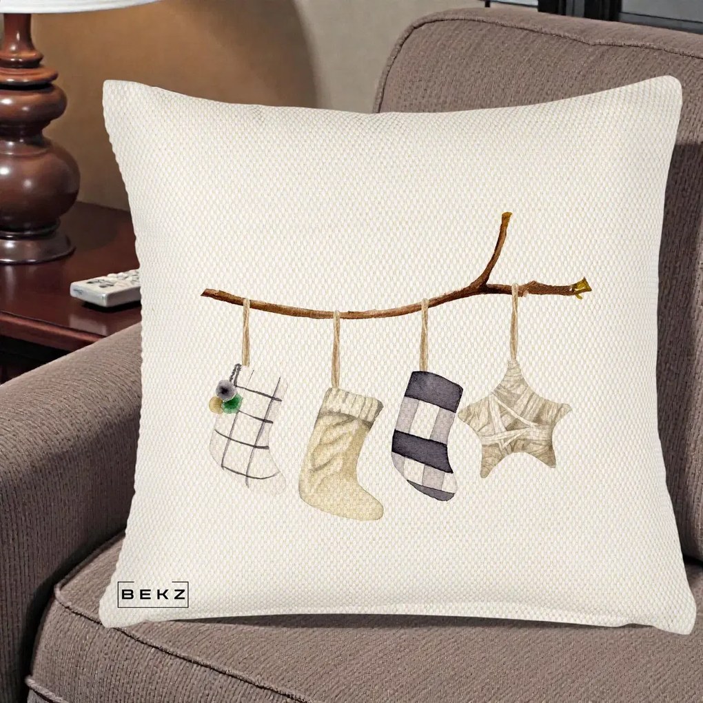Perna Decorativa Ciorapi de Craciun pe Ramura, 40x40 cm, Crem Reliefat, Husa Detasabila, Perna Inclusa, BEKZ®