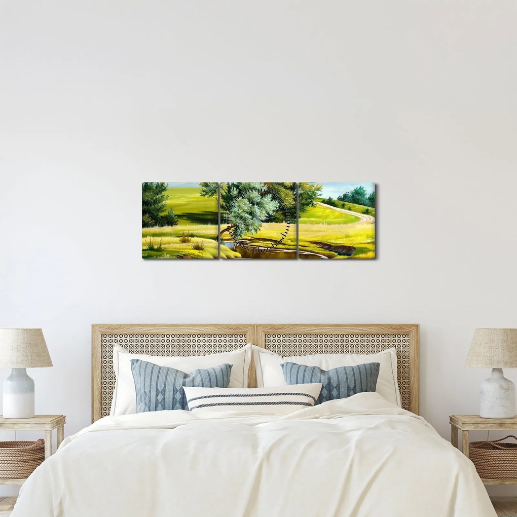 Tablou - Râu între câmpii, pictură în ulei (cu ceas) (90x30 cm)