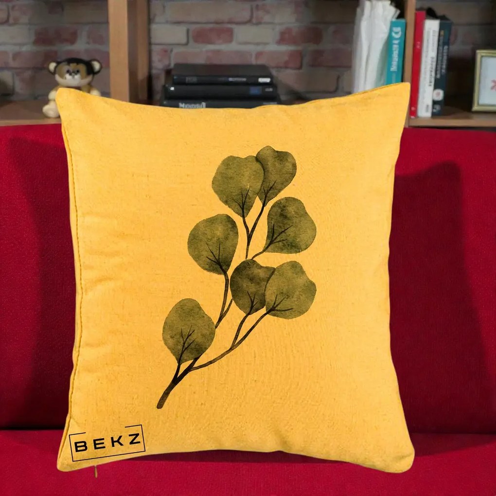 Perna Decorativa Ramura Eucalipt Acuarela, 40x40 cm, Galben, Husa Detasabila, Perna Inclusa, BEKZ®
