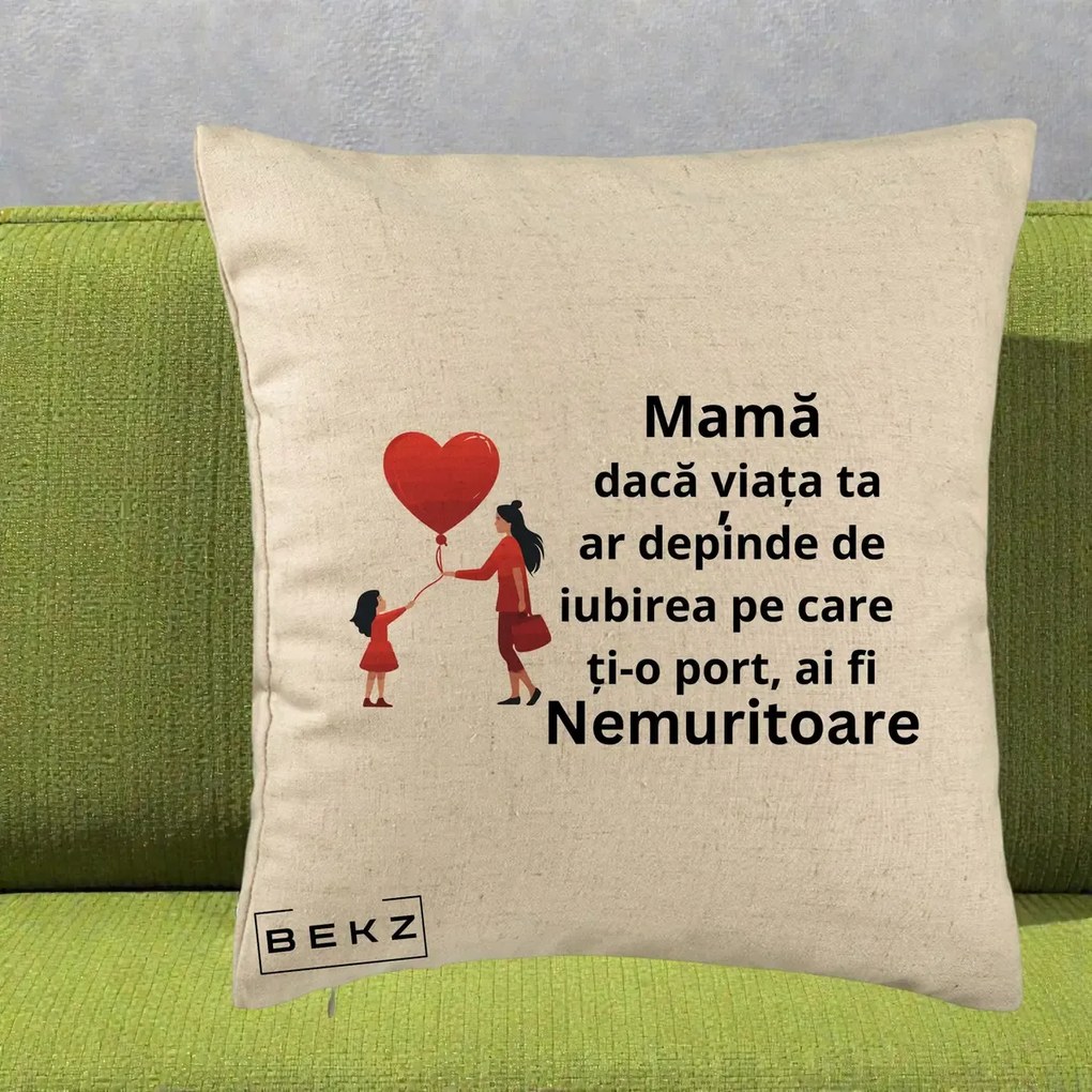 Cadou pentru Mama - Perna Personalizata Mama Nemuritoare cu Bebelus Kawaii, 40x40 cm, Bej, Husa Detasabila, Perna Inclusa, BEKZ®