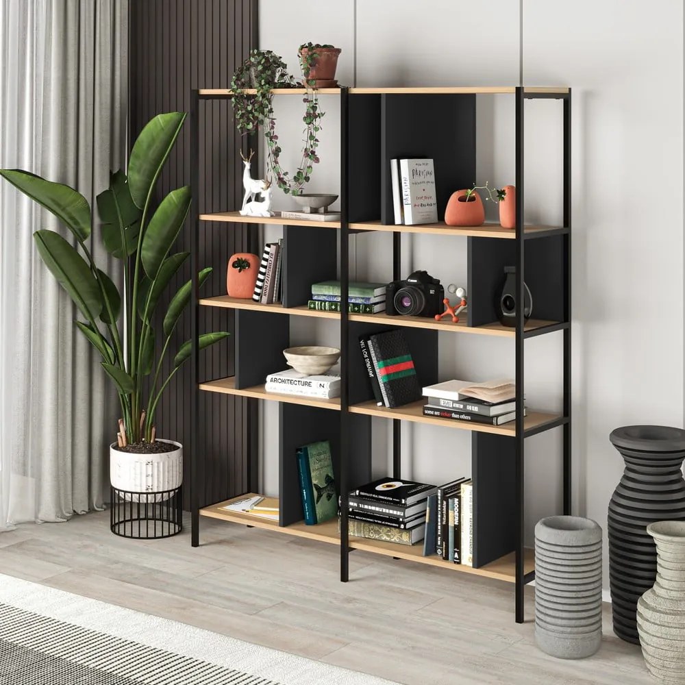 Bibliotecă neagră/în culoare naturală cu aspect de lemn de stejar 144x175 cm Alabama – Marckeric