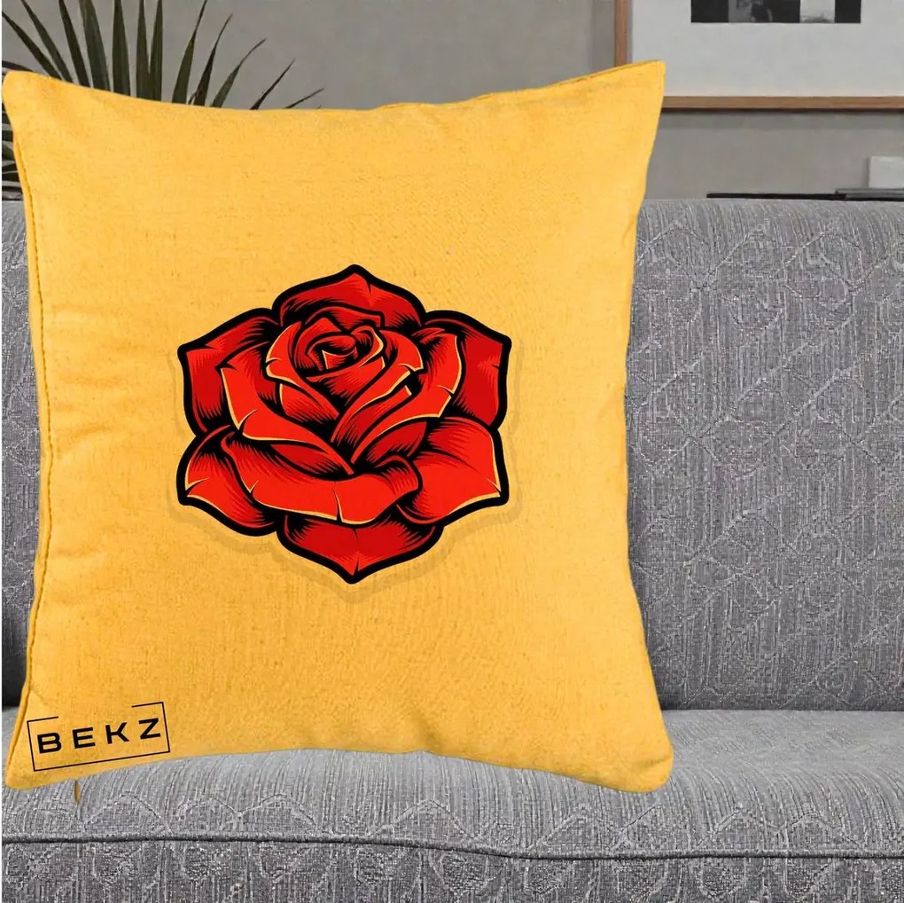 Perna Decorativa Trandafir Rosu Tattoo, 40x40 cm, Galben, Husa Detasabila, Perna Inclusa, BEKZ®