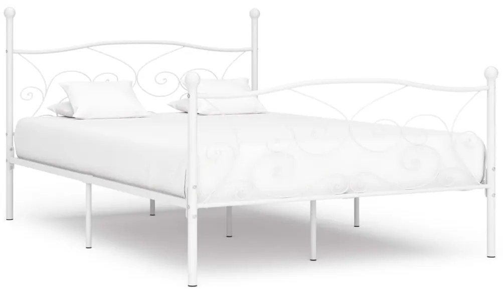 Cadru de pat cu baza din sipci, alb, 160 x 200 cm, metal Alb, 160 x 200 cm