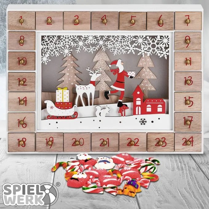 Calendar advent din lemn SANTA CLAUS cu iluminare, 35x6x27cm, alb/maro Spielwerk
