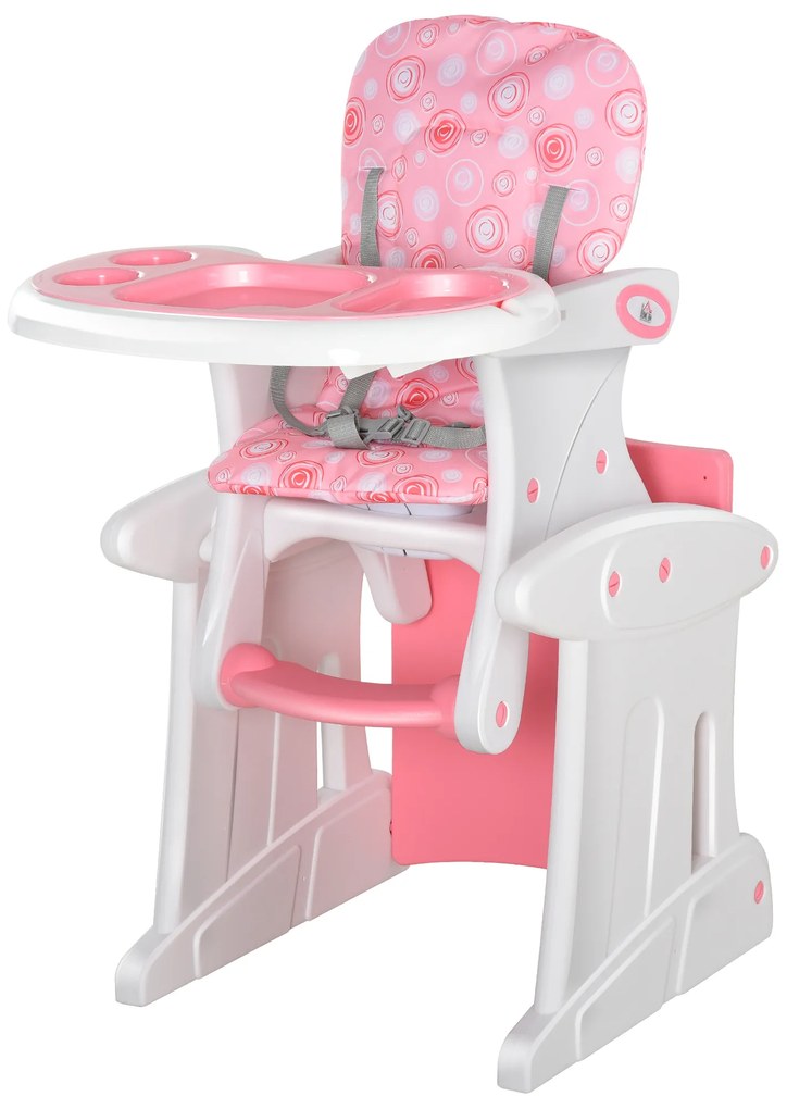 HOMCOM Scaun înalt pentru bebeluși 2-în-1 pentru 6 luni până la 6 ani transformabil în masă și scaun multifuncțional reglabil în 3 poziții spătar înalt captușit cu 2 tăvi detașabile 57x59x105 cm roz | Aosom Romania