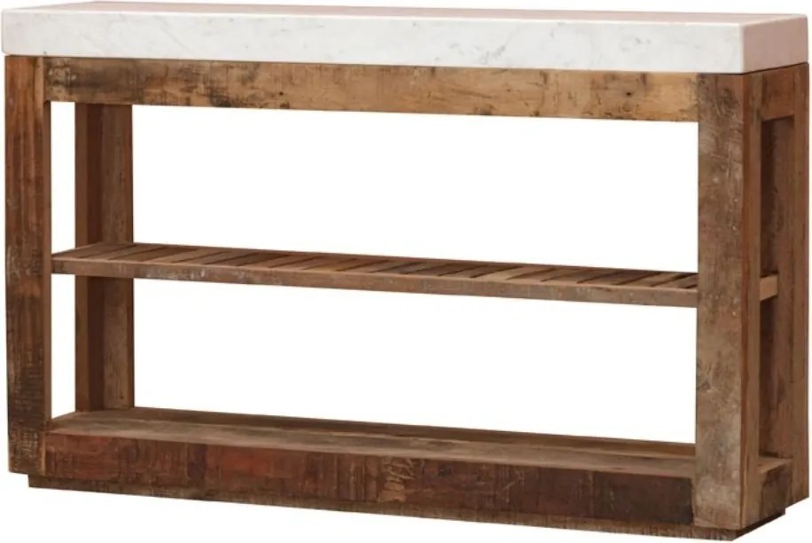 Consolă rustică din lemn reciclat cu blat din marmură, finisaj natural, „Greta”