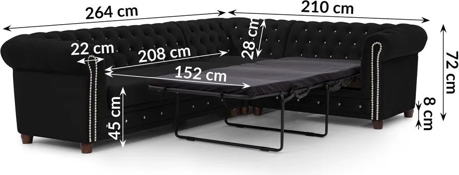 Colțar negru extensibil cu tapițerie din catifea (cu colț pe partea dreaptă/în formă de ”L”) York Blik – Ropez