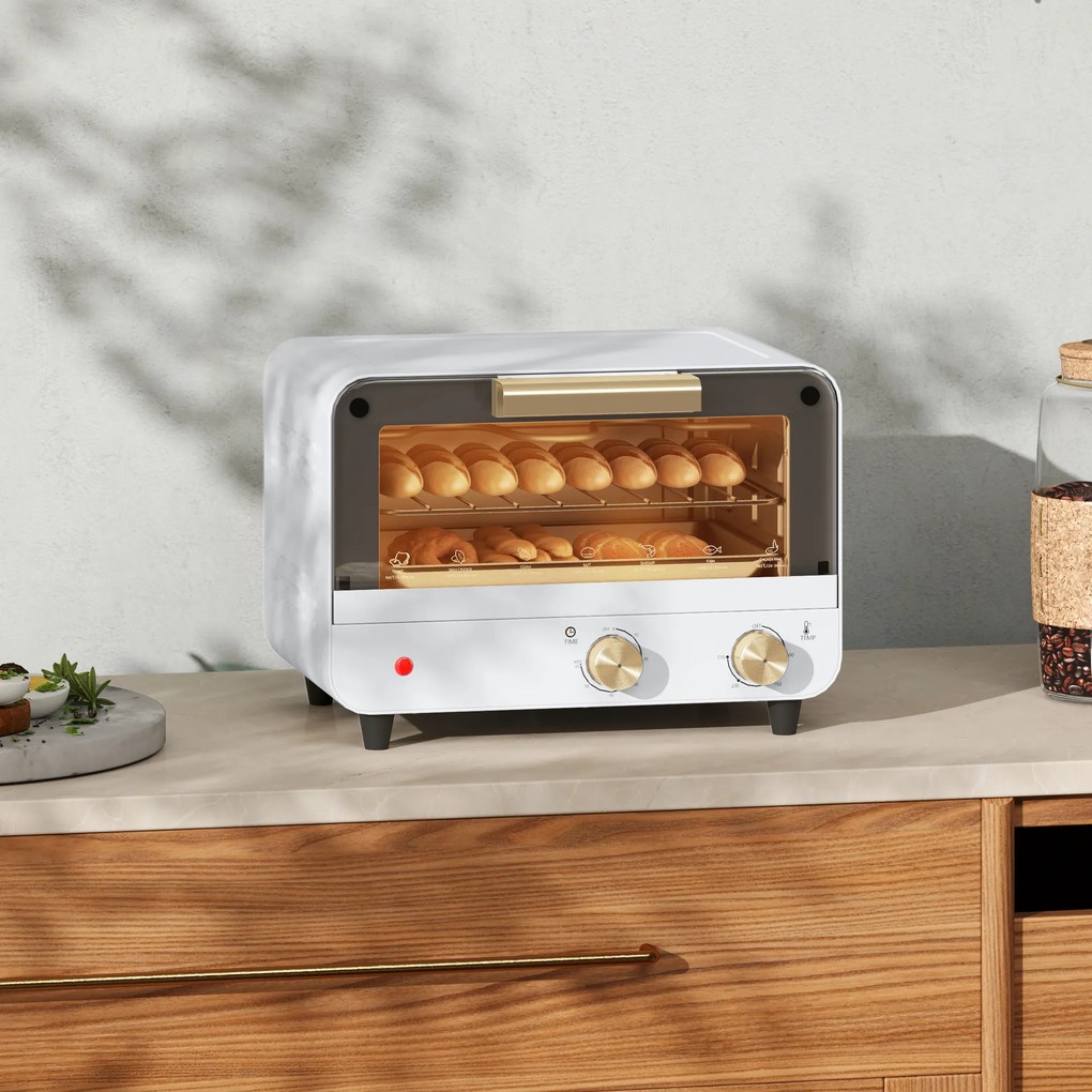 HOMCOM Cuptor Electric cu 2 Înălțimi cu Temporizator și Temperatură Reglabilă, 31,5x27,7x22,7 cm, Alb | Aosom Romania
