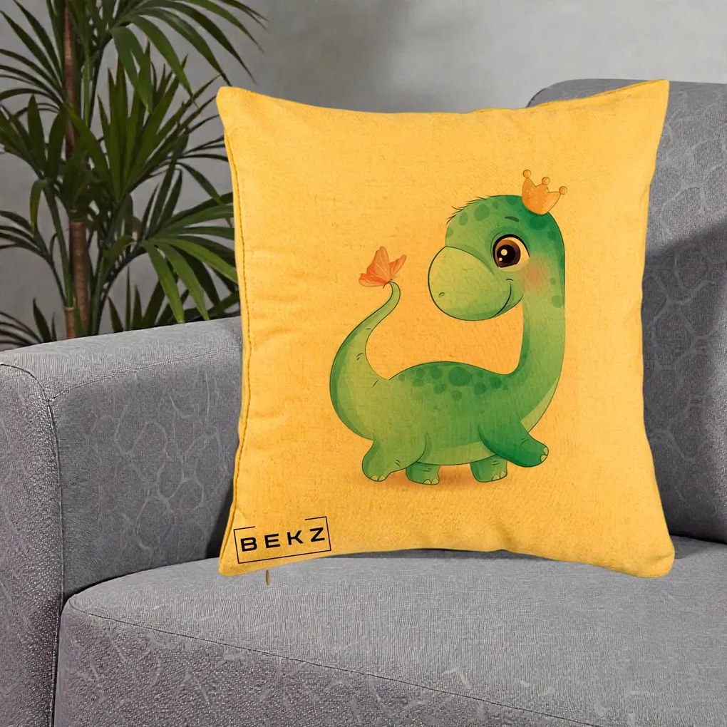 Perna Personalizata Dinozaur Bland Coroana Kawaii, 40x40 cm, Galben, Husa Detasabila, Perna Inclusa, BEKZ®