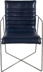 Scaun dining cu brațe tapițat eclectic din piele naturală și metal, albastru, cu cusături în canale și bază în X, 87 x 60 x 53 cm, „Saint-Tropez”