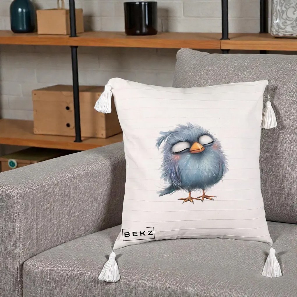 Perna Decorativa Pui Pufos Albastru Adormit, 40x40 cm, Bej cu Franjuri, Husa Detasabila, Perna Inclusa, BEKZ®