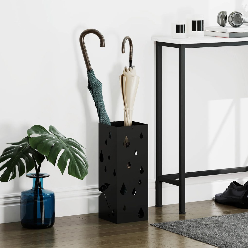 HOMCOM Suport din Otel pentru Umbrele, Suport de Umbrele Patrat cu 4 Carlige si Tava de Picurare Detasabila, Cos de Umbrele Tubular pentru Hol, Negru