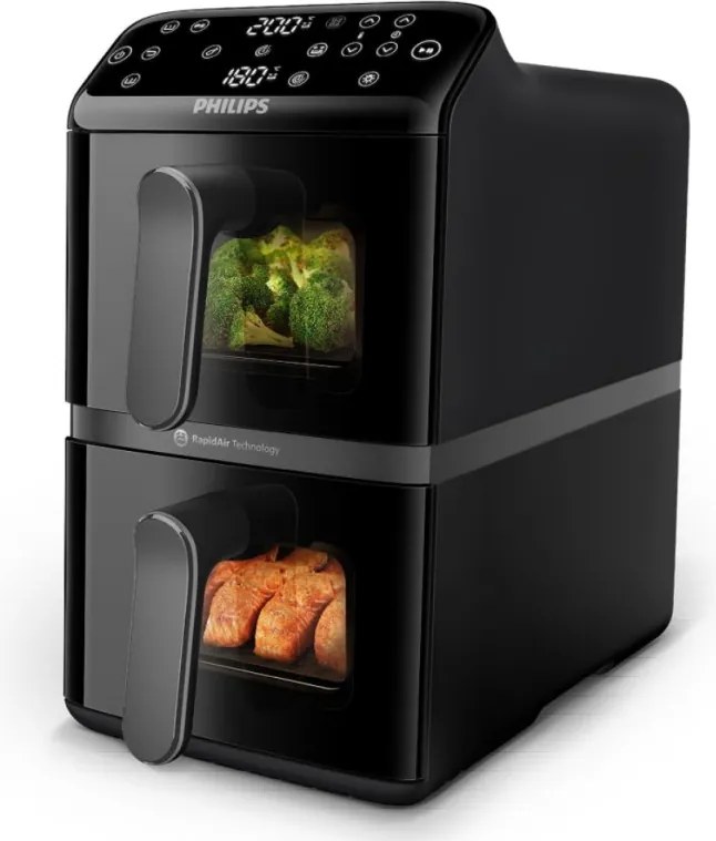 Friteuza verticala dubla cu aer cald Philips Dual Stack 4000 NA460/00, 2750 W, 10 l, 13 programe, 40-220°C, Sincronizare, Acoperire ceramică fara PFAS, Fereastra, Negru
