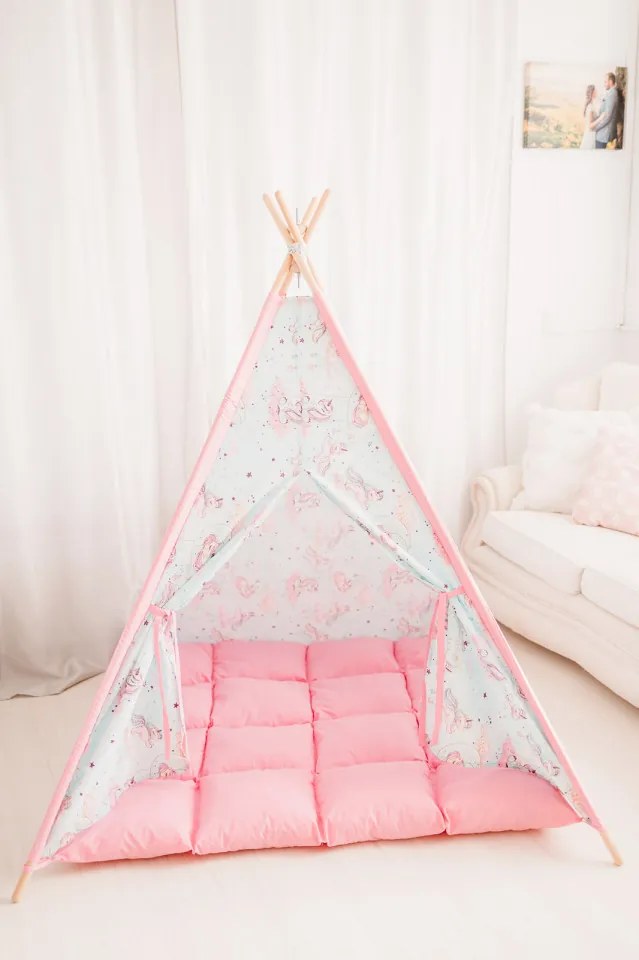 Set Cort de joaca teepee, Unicorn Heaven Pink, 120 x 120, salteluta si kit fixare