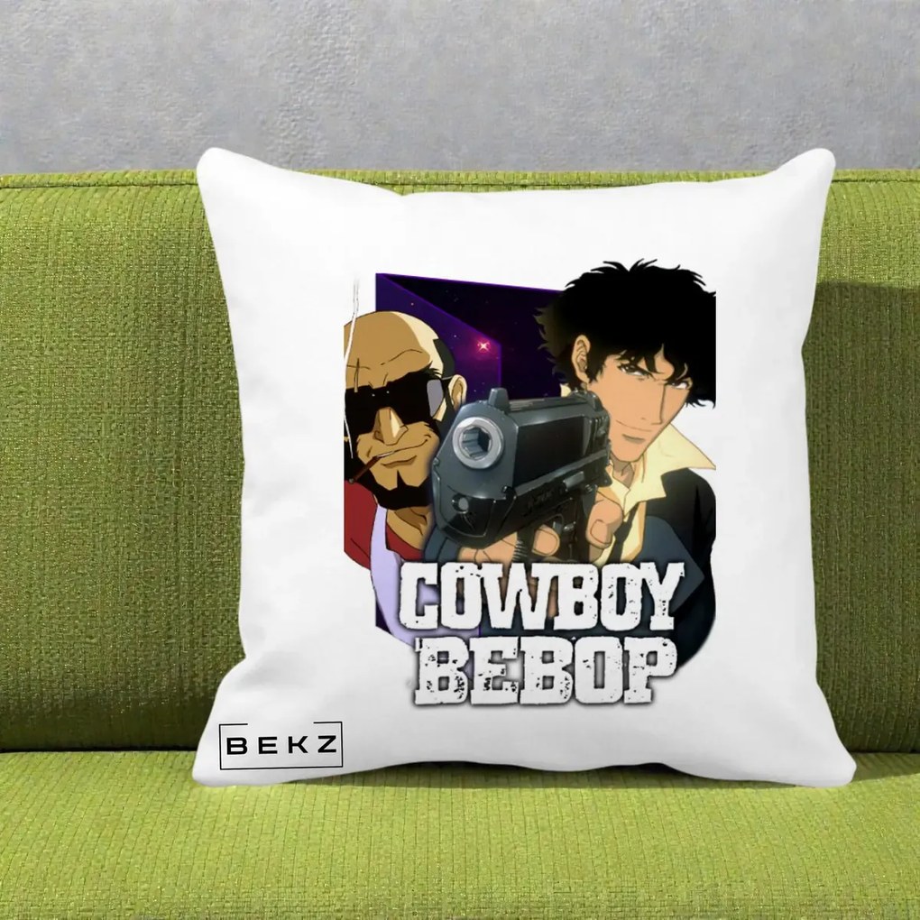 Perna Personalizata Cowboy Bebop Spike si Jet Poster, 40x40 cm, Alba Mata, Husa Detasabila, Perna Inclusa, BEKZ®