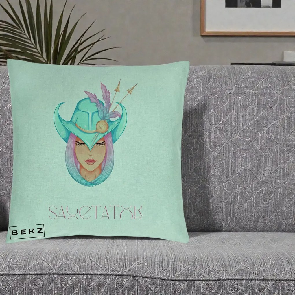 Perna Personalizata Zodiac Sagetator Cowgirl, 40x40 cm, Verde Menta, Husa Detasabila, Perna Inclusa, BEKZ®