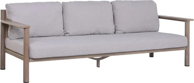 Set lounge exterior premium din aluminiu cu finisaj lemn, canapea, 2 fotolii și măsuță cu perne din olefină, „Cortina”
