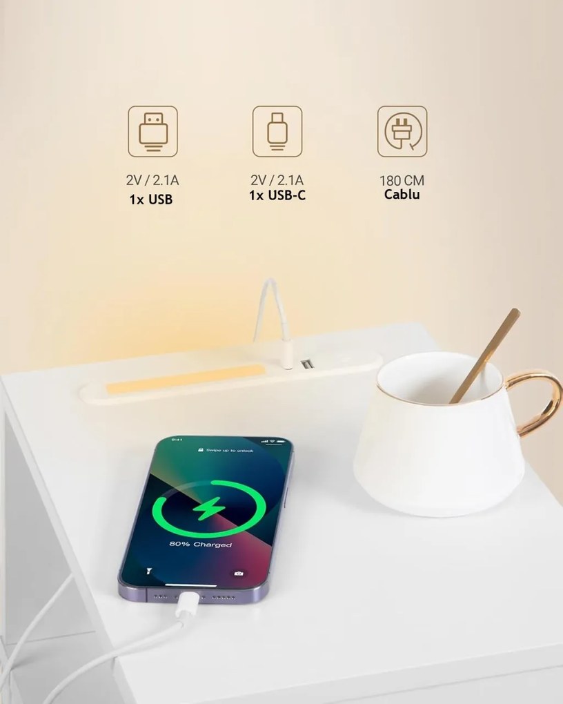 NOA2 - Set 2 Noptiere, 24 cm, foarte inguste, LED, USB si USB-C, Riflaje dormitor - Alb - Auriu