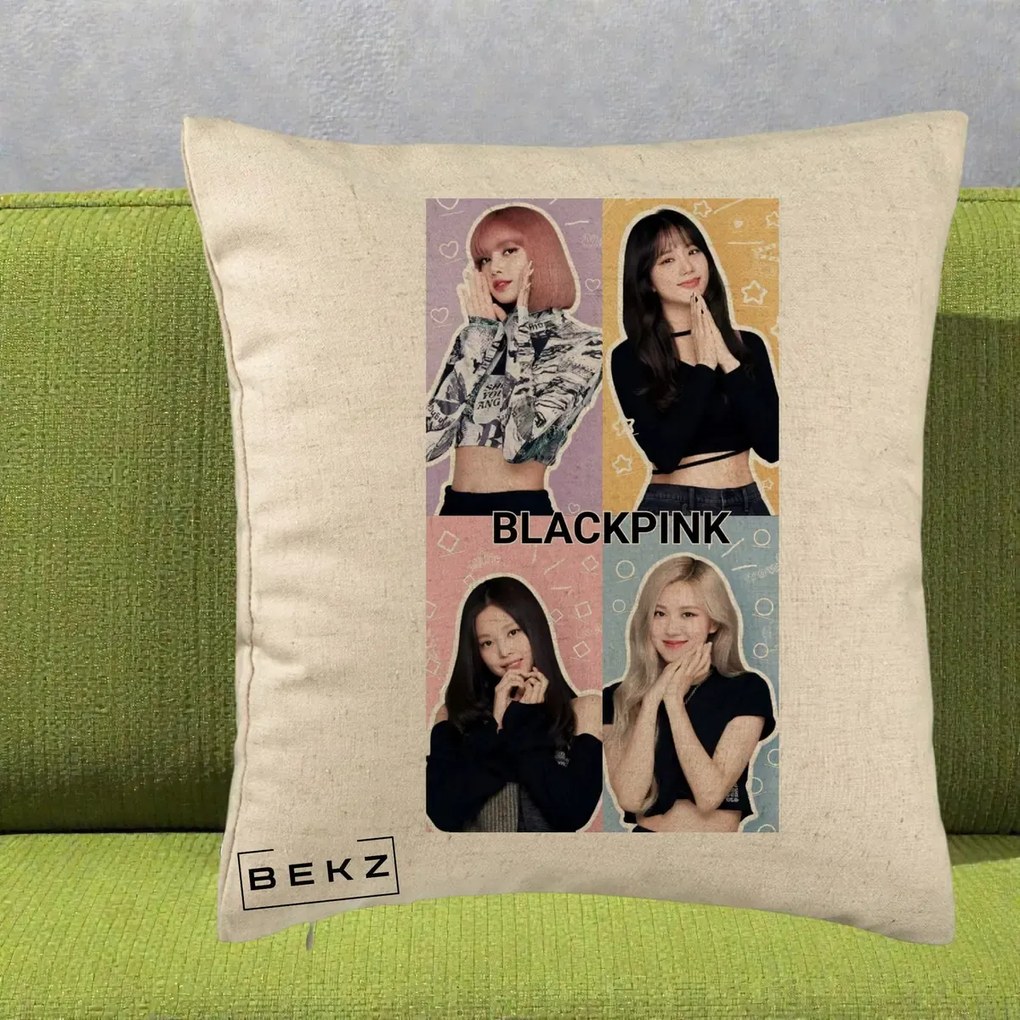 Perna Personalizata K-pop BLACKPINK Negru, 40x40 cm, Bej, Husa Detasabila, Perna Inclusa, BEKZ®