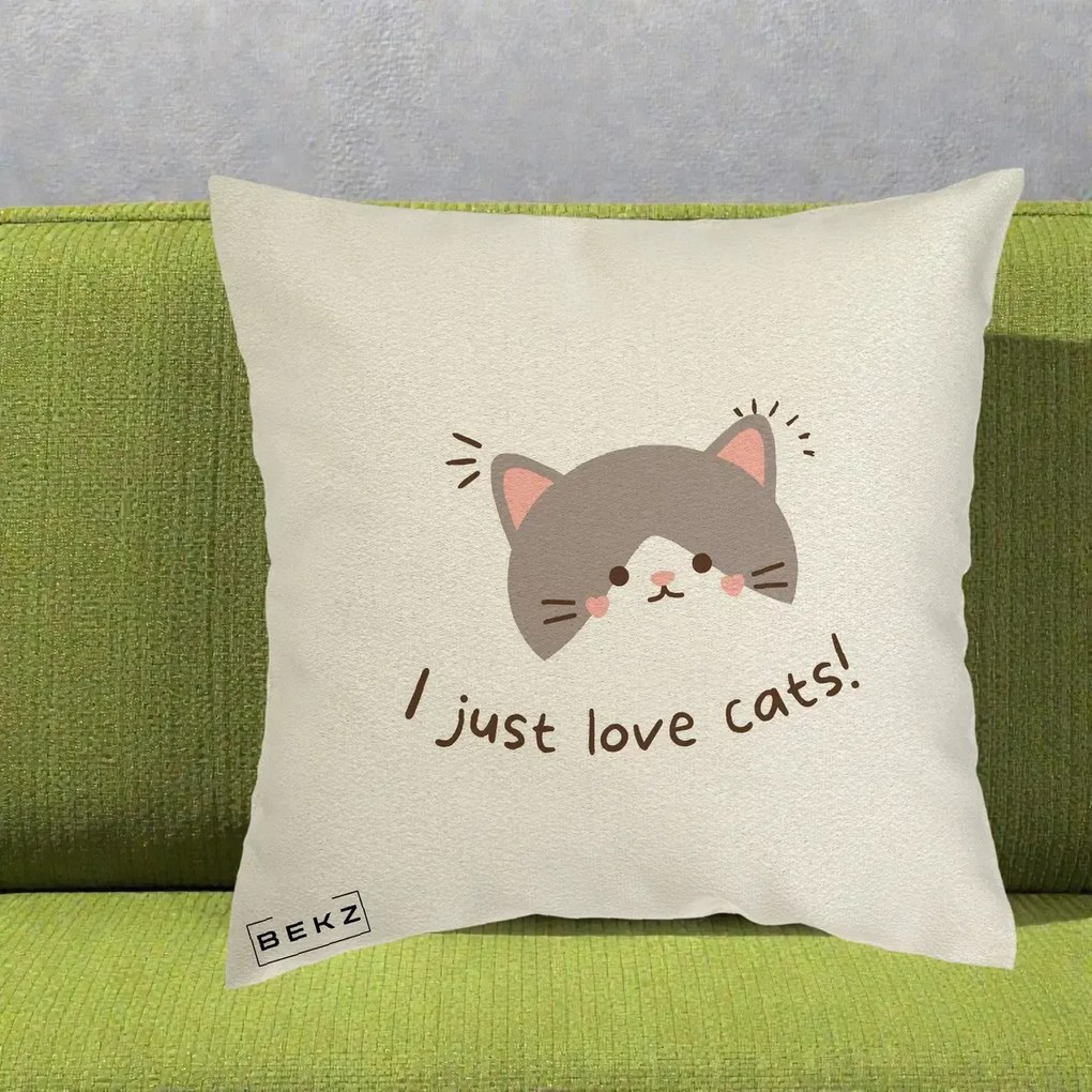 Perna Personalizata I Just Love Cats Pisica Kawaii, 40x40 cm, Ecru, Husa Detasabila, Perna Inclusa, BEKZ®