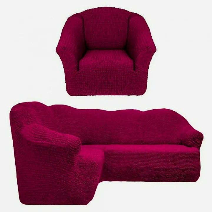 Set Huse elastice si creponate pentru coltar + fotoliu, fara volanas, culoare Bordo
