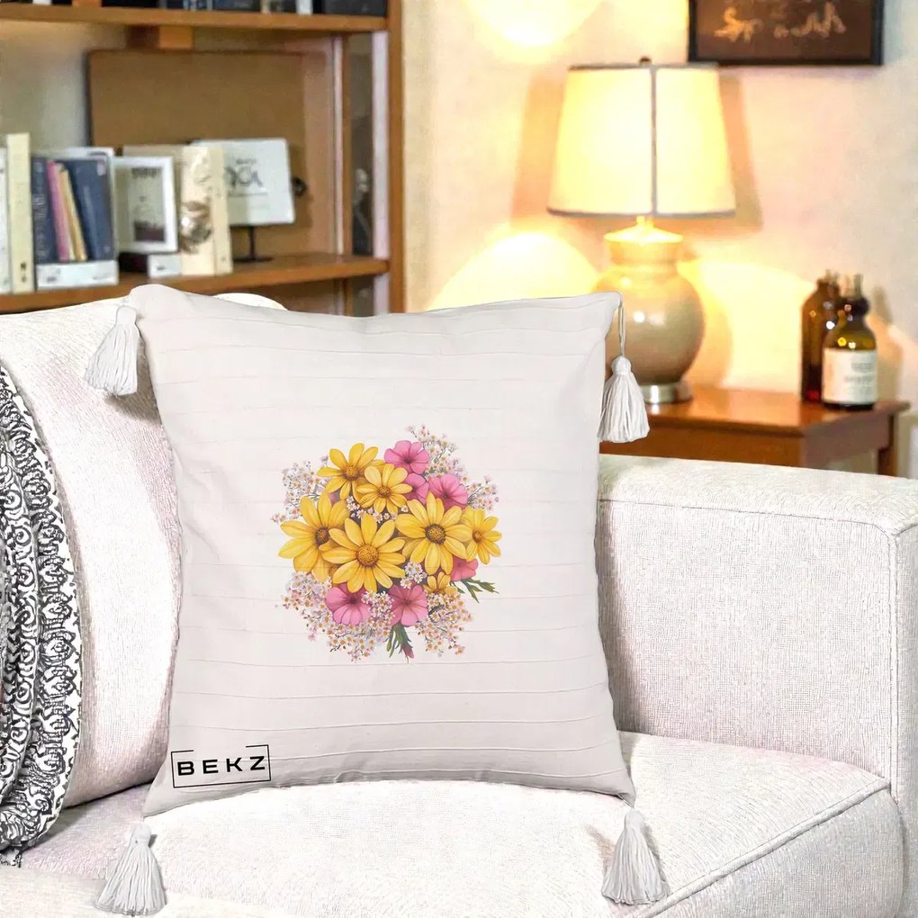 Perna Decorativa Floarea-Soarelui cu Cosmos Roz si Gypsophila, 40x40 cm, Bej cu Franjuri, Husa Detasabila, Perna Inclusa, BEKZ®