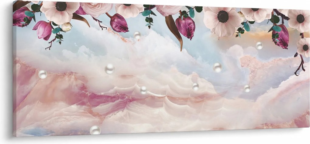 Tablou - Flori roz și marmură roz (120x50 cm)