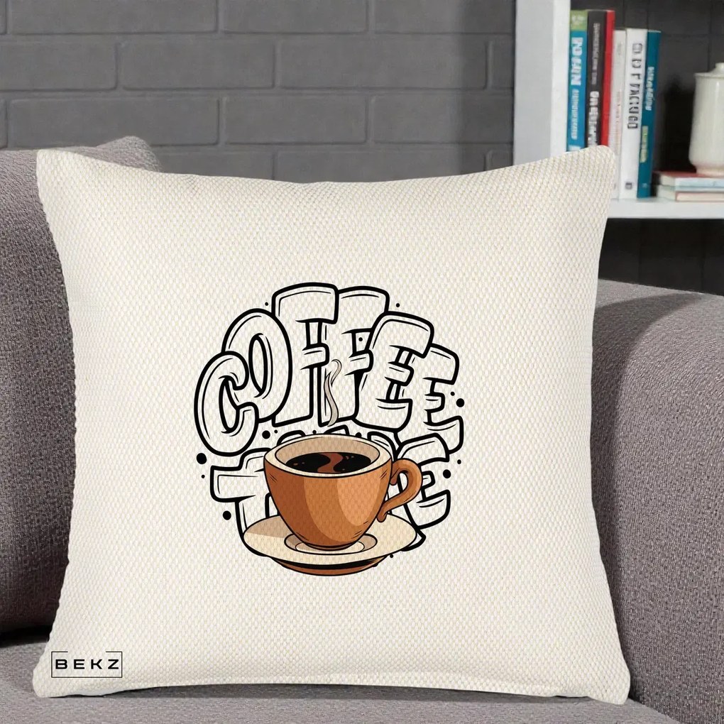 Perna Personalizata COFFEE cu Cana, 40x40 cm, Crem Reliefat, Husa Detasabila, Perna Inclusa, BEKZ®
