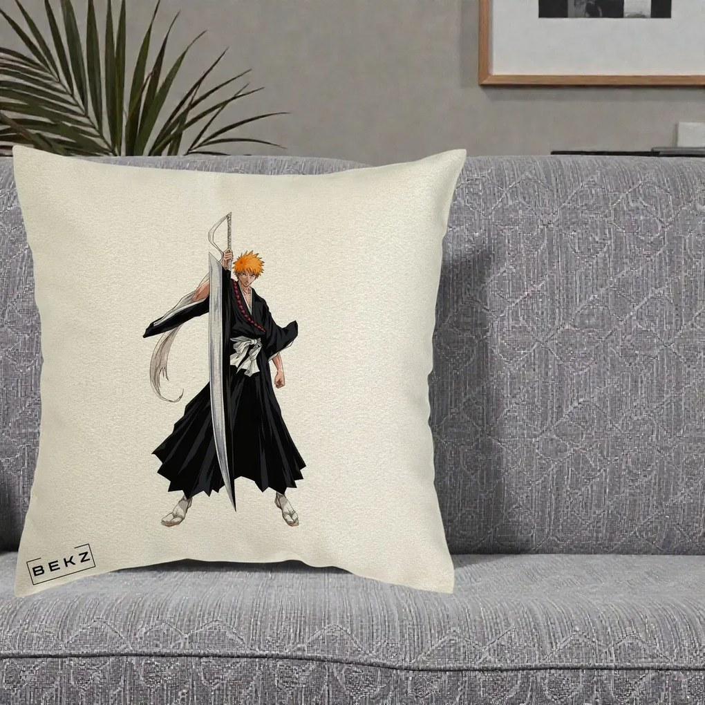 Perna Personalizata Bleach Ichigo Kurosaki Zangetsu, 40x40 cm, Ecru, Husa Detasabila, Perna Inclusa, BEKZ®