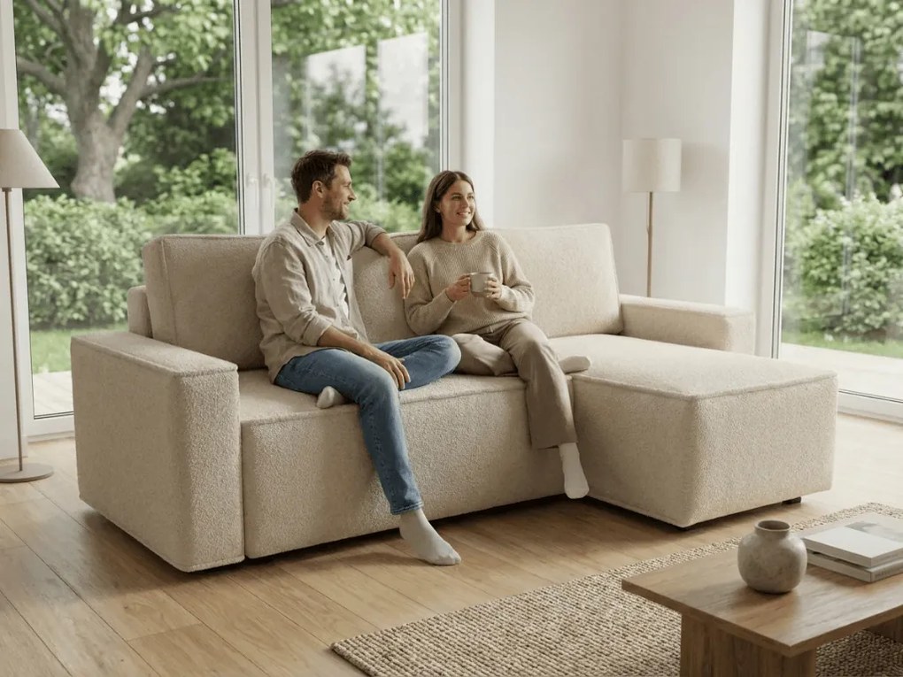 Canapea extensibila de colt SMART BOUCLE, crem, reversibila, 232x143 cm