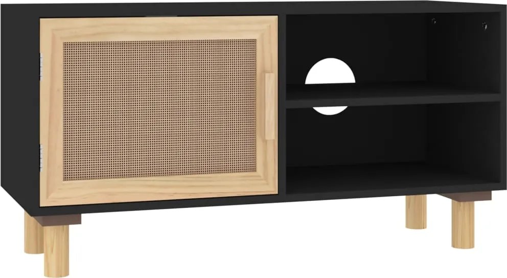 vidaXL Comodă TV, negru, 80x30x40 cm, lemn masiv pin și ratan natural
