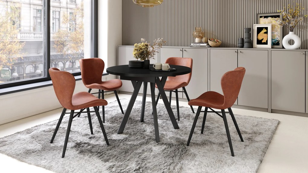 Mazzoni ALMO Negru/picioare negre - MASĂ ROTUNDĂ EXTENSIBILĂ CU PICIOARE ÎN FORMĂ DE Y STIL LOFT PENTRU SALON/SUFRAGERIE