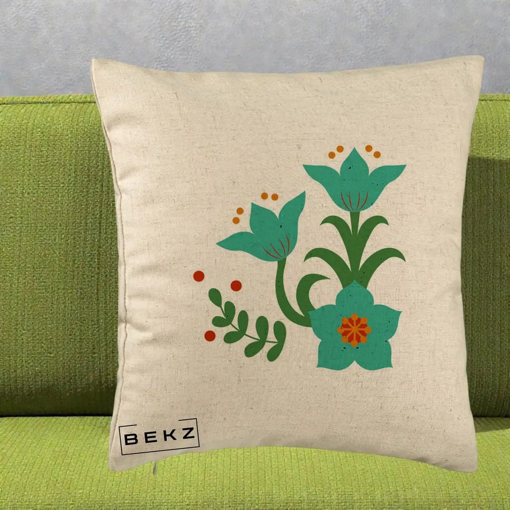 Perna Decorativa Flori Stilizate Folk Turcoaz, 40x40 cm, Bej, Husa Detasabila, Perna Inclusa, BEKZ®