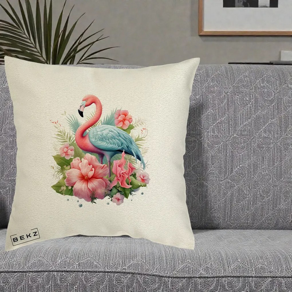 Perna Decorativa Flamingo cu Hibiscus Tropical, 40x40 cm, Ecru, Husa Detasabila, Perna Inclusa, BEKZ®