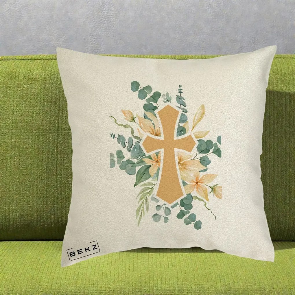 Perna Personalizata Cruce Florala Botez, 40x40 cm, Ecru, Husa Detasabila, Perna Inclusa, BEKZ®