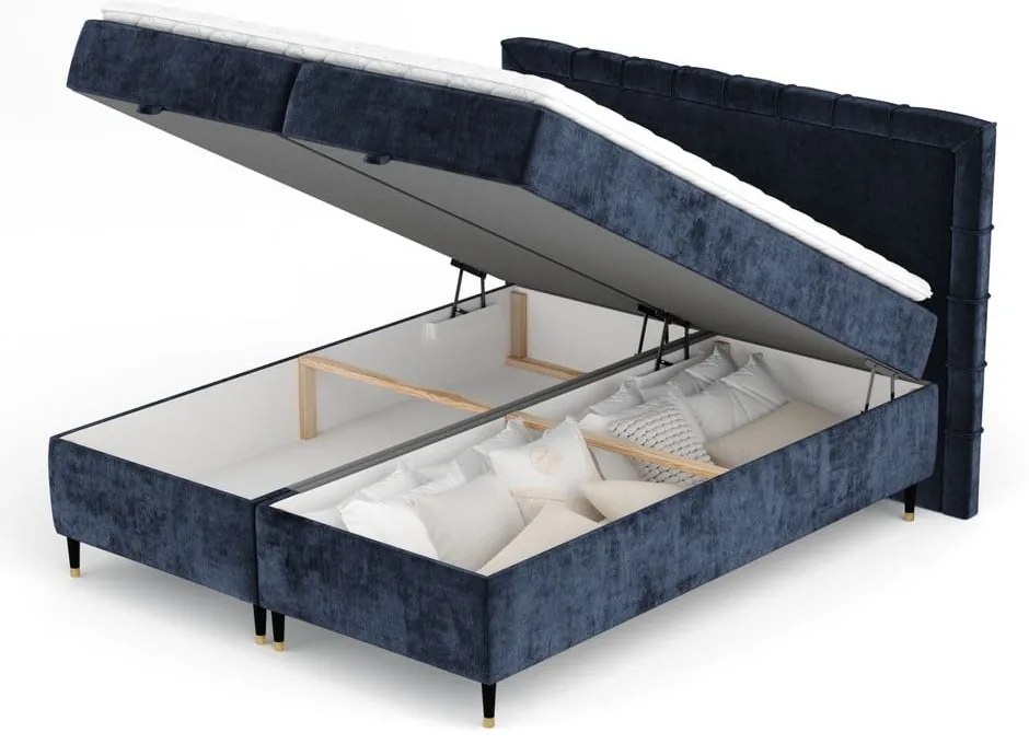 Pat boxspring albastru închis cu spațiu de depozitare 160x200 cm Voyage – Maison de Rêve