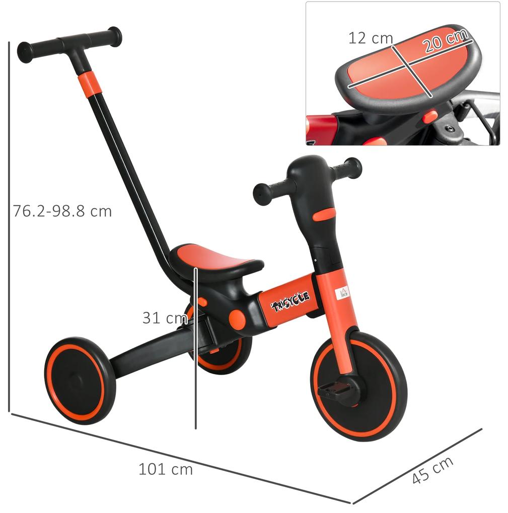 HOMCOM Tricicleta 4 in 1 pentru copii, tricicleta pentru copii cu maner de impingere reglabil, suport pentru picioare | AOSOM RO