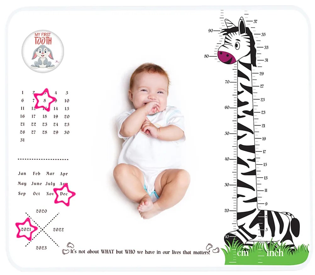 Paturica Foto Bebelusi - Baby Milestone Blanket design Long Neck Zebra cu 20 Stickere My First