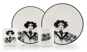 Set veselă 4 piese din porțelan, negru/alb