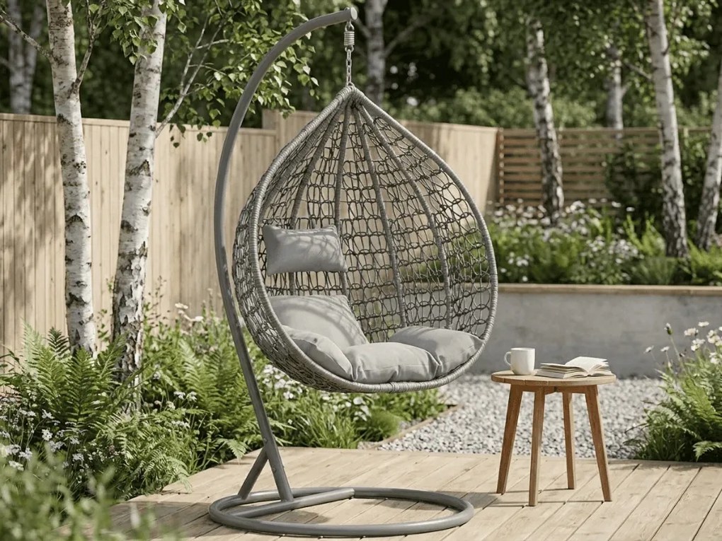 Scaun suspendat gri KOKON cu suport, perna deschisa