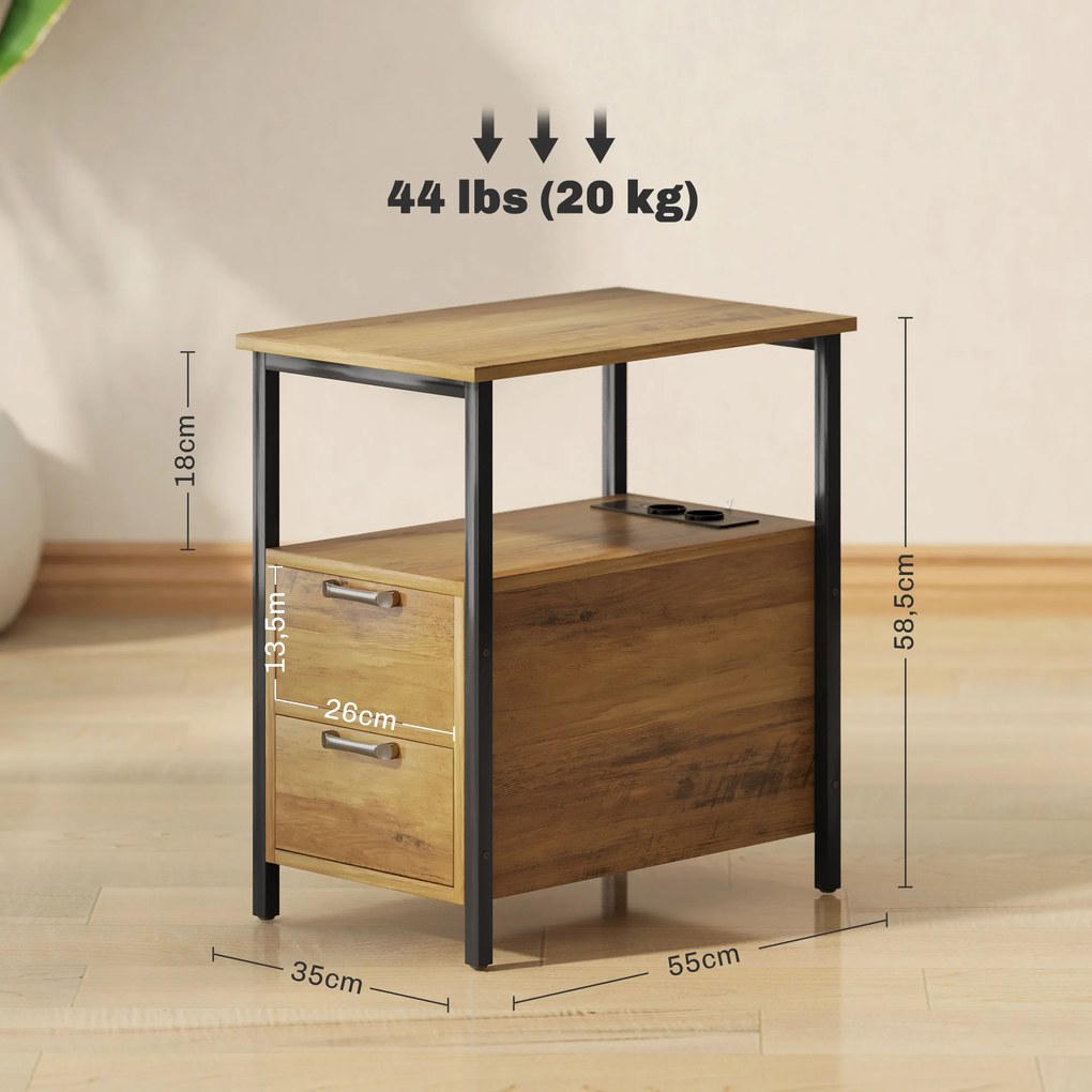 HOMCOM Masa auxiliară masa de noapte cu 2 prize port USB 1 priză tip C cablu de 143 cm sertare și raft lemn natural | Aosom Romania