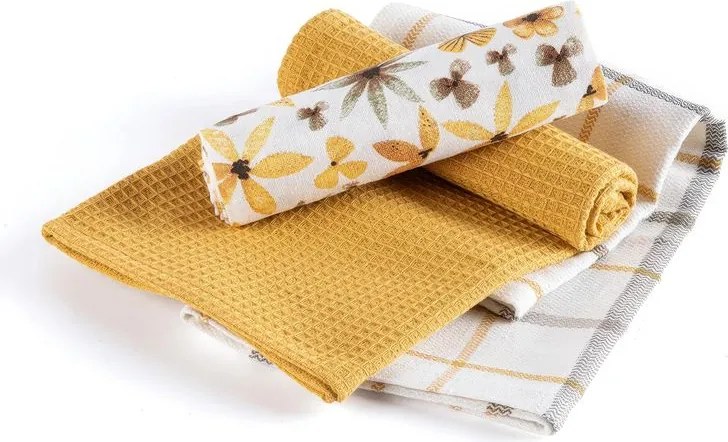 decoDoma Prosoape de bucătărie din bumbac FLORI GALBENE ȘI DE CHIMION 45 x 70 cm set 3 buc